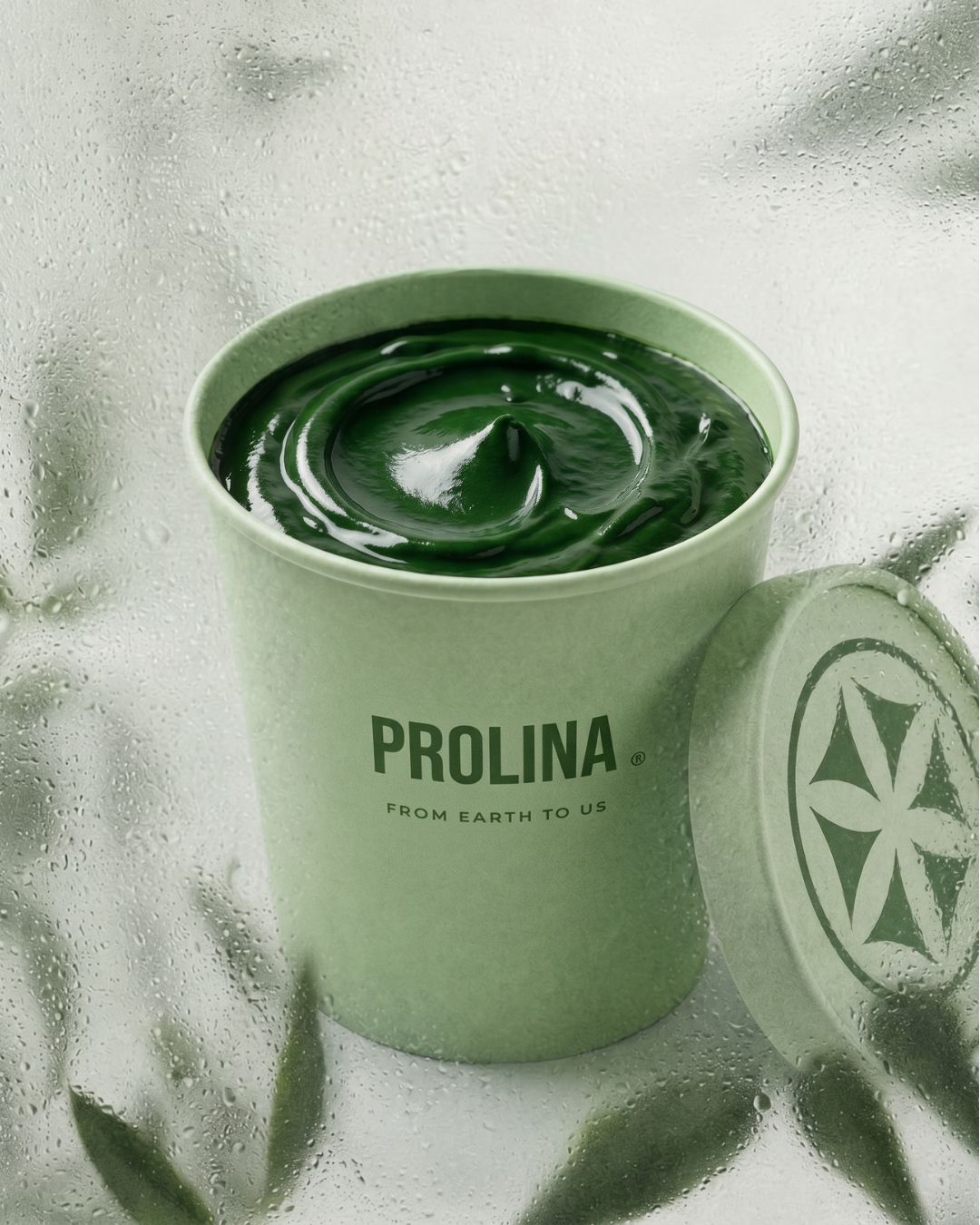 Prolina tub open with fresh spirulina paste